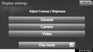 1. BASIC INFORMATION BEFORE OPERATION 5. SCREEN ADJUSTMENT The brightness, contrast, tone and colour of the screen can be adjusted, and/or changed to either day or night mode.