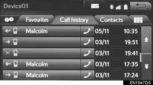 1. TELEPHONE OPERATION (HANDS-FREE SYSTEM FOR CELLULAR PHONES) BY CALL HISTORY Up to 30 of the latest call history items (missed, incoming and outgoing) can be selected from the Call history tab.
