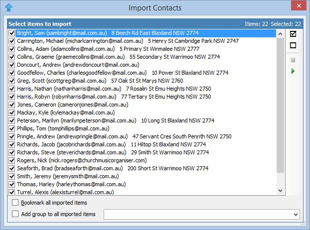 Here we can select which items we want to import. Click Click Click to select all the records in the list. to unselect all the records in the list. to import the selected contacts.
