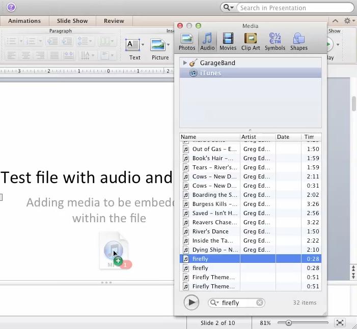 11 In addition to recording your own sound bite or inserting a prerecorded sound file, you also have the option of inserting an audio track into your presentation from itunes.