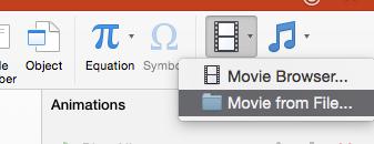 In the Insert tab, click on the Video tool and select Movie From File from the dropdown menu. 2. Locate the video clip you would like to insert and click Insert to finish. 3.