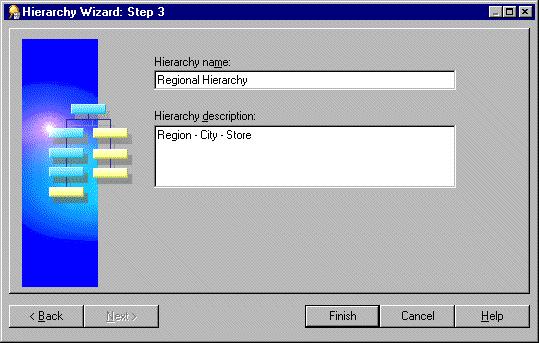 Lesson 9: Working with hierarchies Figure 10 5 Hierarchy Wizard: Step 3 dialog 12. Click Finish to create the hierarchy. 13.