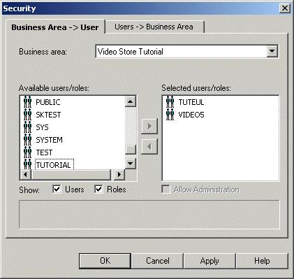 How to grant access privileges to the VIDEO5 database user for the tutorial EUL Figure A 23 Security dialog 5. Click OK to save the details and close the Security dialog. 6.
