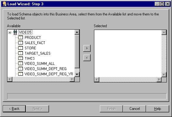 Lesson 2: Connecting to Discoverer Administrator, using the Load Wizard and the Workarea Figure 3 8 Load Wizard: Step 3 dialog The Available list displays all of the objects that the VIDEO5 database