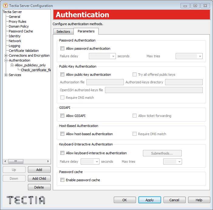 14. On the Parameters tab, unselect all authentication methods because the parent authentication group checks whether the public key authentication is successful. 15. Click Apply to save your changes.
