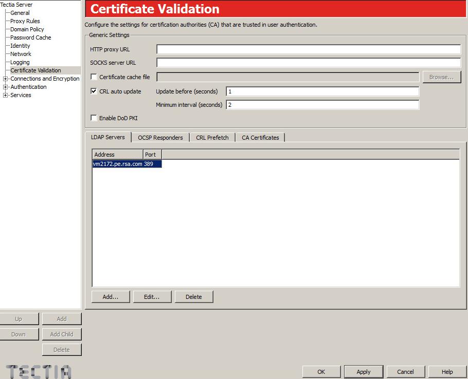 2. Click Add and enter LDAP server address. Note: Certificates can only be valid if the issuer is trusted. The issuer can be trusted directly or through path verification.