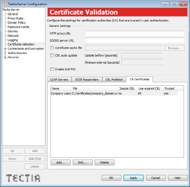 3. Go to the Certificate Validation page and select the CA Certificates tab. 4. Add the trust anchors and intermediate CA certificates that are needed for the certificate validation.