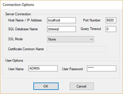 1.1 Startup When starting c-treeace Query Builder it will show you the following connection dialog box in order to establish a connection to a running c-treeace Server.