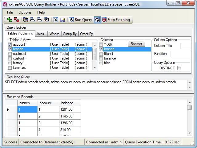 Tables/Columns The Tables/Columns tab is the basic tab used to create your select query. With this tab you can define the Tables and the Columns involved in your query by simply using the check boxes.