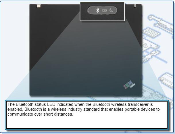 Describe the components found on the outside of the laptop Figure 1 shows three LEDs on the top of the laptop. : Bluetooth Battery Standby NOTE: LED displays vary among laptops.