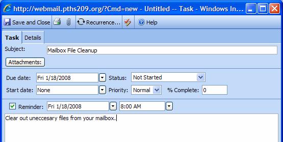 Outlook Web Access (OWA) PTHS District 209 About Tasks A task is a personal or work-related errand you want to track through completion. A task can occur once or periodically (a recurring task).