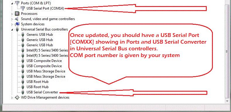 If the COM port is not showing, the yellow triangle icon will appear: IMPORTANT: This means that the driver was not correctly installed when installing the Centurion U/UE/M/S software.