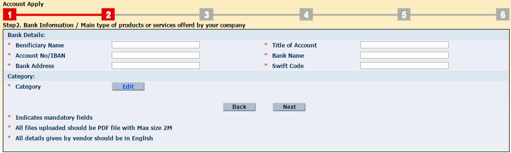 The step2 is to fill your bank information and product categories.