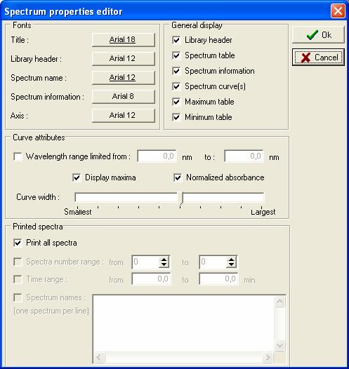 In the 'Fonts' part, you can choose the font of the different items that are to be printed such as the title or the spectra names police size.