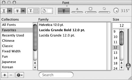 The Font Panel All three iwork applications use the Mac OS X Font panel, so you can use any font installed on your computer in