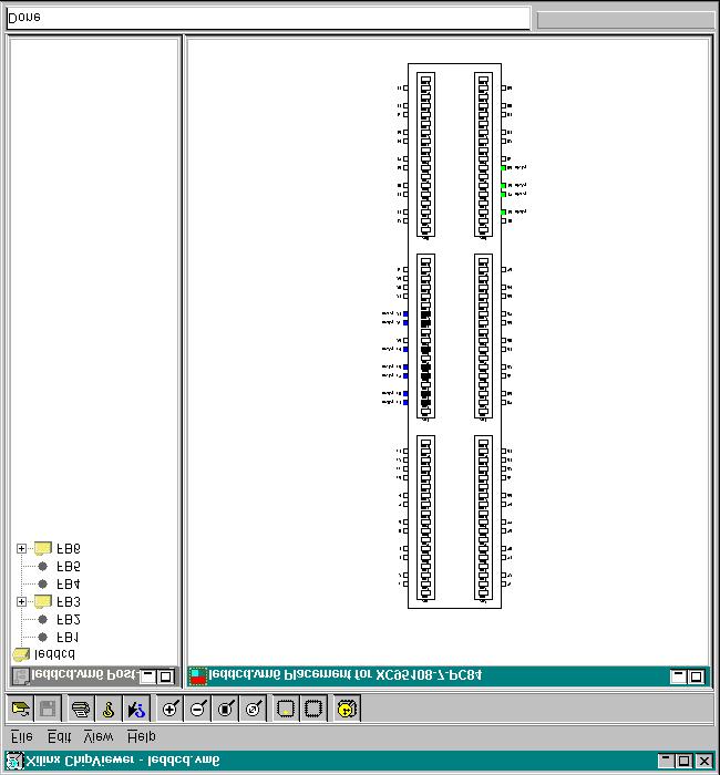 The ChipViewer window will appear containing two panes: 1. The left-hand pane lists the LED decoder inputs and outputs assigned to the various function blocks in the XC95108 PC84 CPLD. 2.