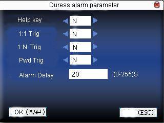 Alarm duration: after trigger the Duress alarm, Do not directly output signal, but after a period of time that can be defined, then automatically alarm signal (0-255 seconds).