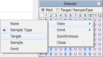 . [Note] Using the right-click menu in Well Selector, you can change the kind of sample information displayed and also the omit settings. Select Target from View, show target number on the wells. 4-3.