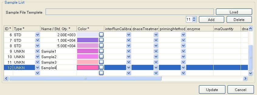 (3) If needed, change the Color. c. After completing the Target List and Sample List, click Update button.