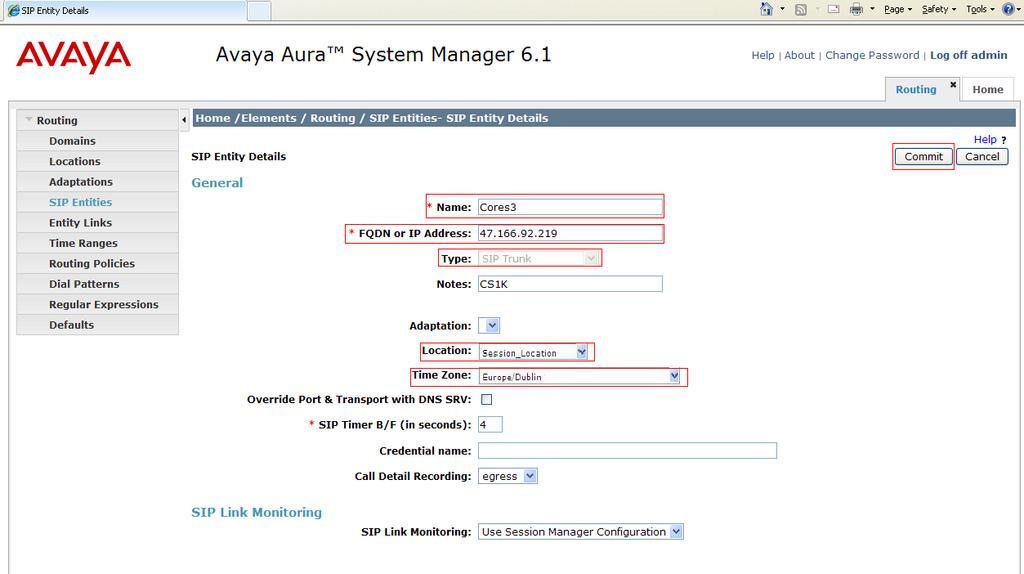 6.2. Adding Communication Server 1000E SIP Entity A SIP Entity must be added for CS1000E. To add a SIP Entity, select SIP Entities on the left panel menu and then click on the New button (not shown).