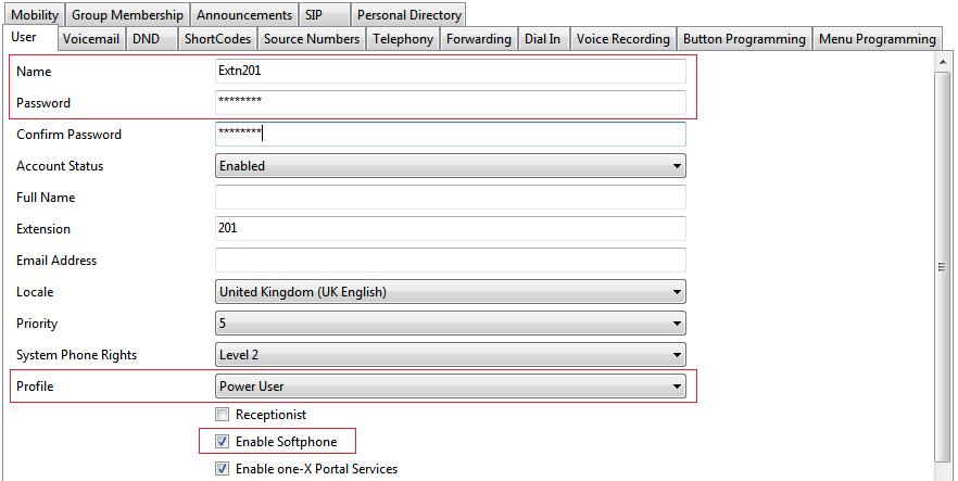 2.3 IP Office User Configuration The process below will vary depending on whether the user has a normal IP Office extension and only uses IP Office Video Softphone occasionally or whether they will