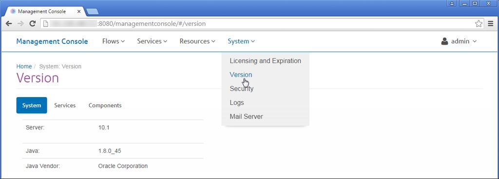 Getting Started In the browser version of Management Console, version information is under System > Version.