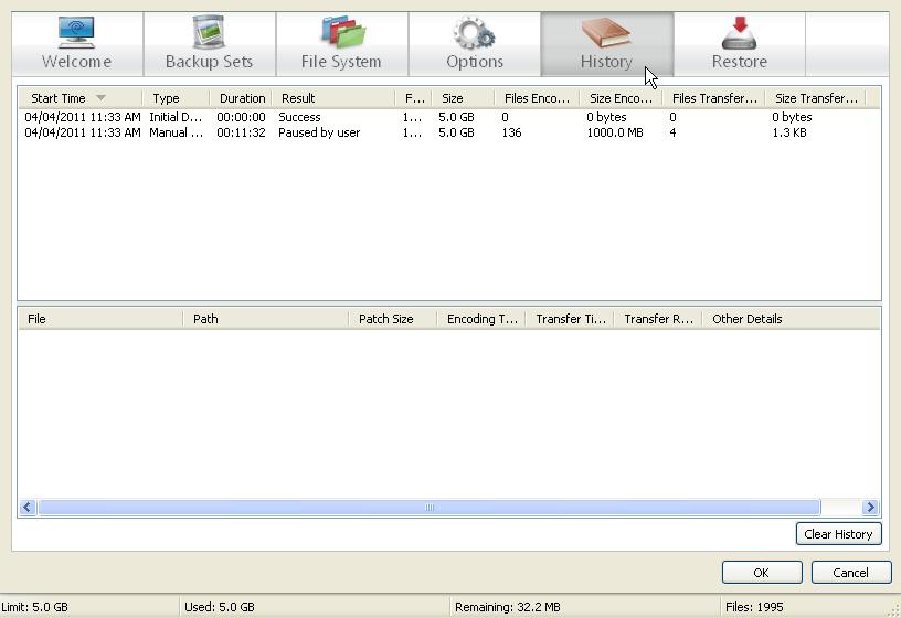 Chapter 3: Using the Online Backup Client History Tab The History tab displays all attempted Online Backup backups and restores.