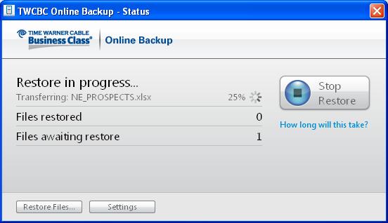 Chapter 4: Restoring Files 6. Click Restore Files. The Status window opens to show the progress of the restore. Figure 23: Status Window Using the Online Backup Virtual Drive 1.