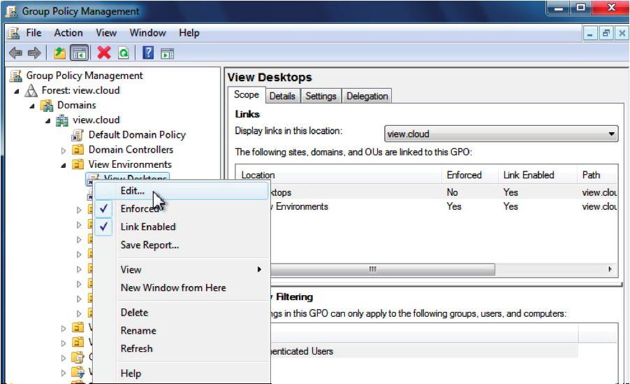 Figure 4: Administrative Tools > Group Policy Management 2. In the left pane, navigate to Group Policy Management > <your_forest> > Domains > <your_cloud> > View Environments > View Desktops. 3.