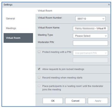Protecting Videoconferences in your Virtual Room Settings menu is here 3. Select the Virtual Room tab. Figure 33: Accessing Scopia Desktop Client settings Figure 34: Virtual Room tab 4.