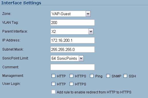 VAP Sample Configurations Step 6 Step 7 Select a limit for the number of SonicPoints from the SonicPoint Limit drop-down menu. This defines the total number of SonicPoints your VLAN will support.