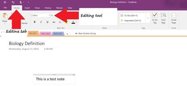 EDITING NOTES You can give special look to your note by using the editing tools in OneNote 2016. 1. Select the text you want to edit.