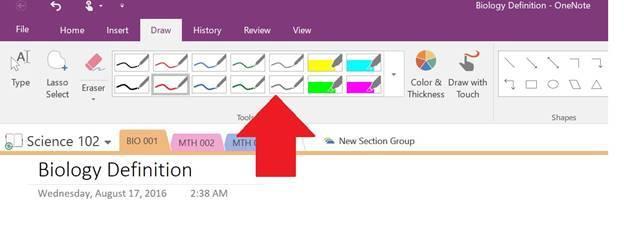 1. While OneNote app is opened, click on Draw. 2. Choose a colored pen and begin to write.