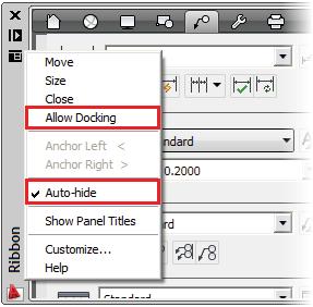 7. Right-click on the ribbon title bar and clear Allow Docking. Right-click on the ribbon title bar and select Auto-hide.