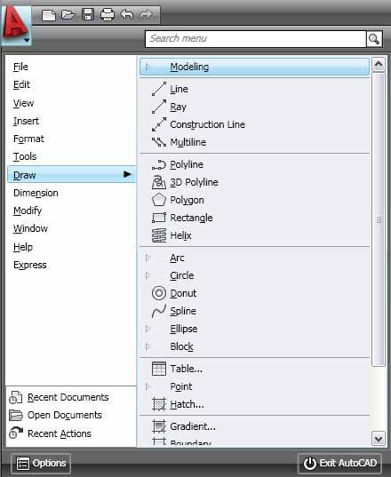 Lesson: Menu Browser Overview In this lesson you learn to use the Menu Browser to perform common tasks in AutoCAD such as opening and closing drawings, accessing commands, setting options, and