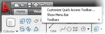 About the Quick Access Toolbar The Quick Access Toolbar gives you access to the commands and tools that you use most frequently such as New, Open, Save, Plot, Undo, and Redo.