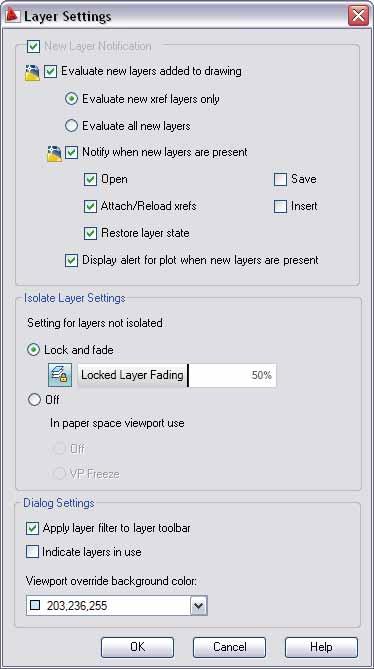Layer Settings You access the Layer Settings dialog box from the Layer Settings button in the Layer Properties Manager. There you can turn on new layer notification and specify other settings.