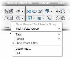 Ribbon Shortcut Menus When you right-click anywhere on a ribbon panel or tab, the following options are available from the ribbon shortcut menu: Ribbon panel shortcut menu Option Show Related Tool
