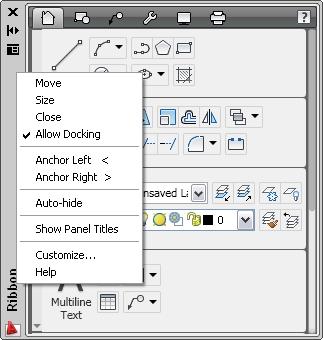 Option Close Customize Help Description Closes the ribbon. After you close the ribbon, you can turn it back on by reselecting the current workspace.