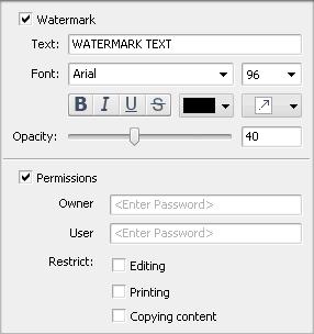 Page 11 of 39 Format Settings Section Double-click the section header or click the black arrow next to the section name to open it. Here you can specify text watermark and document security settings.
