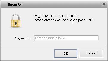 Page 20 of 39 If the document you are going to open is protected with a password, the Security window will appear. Enter the Document Open password to access the document content.