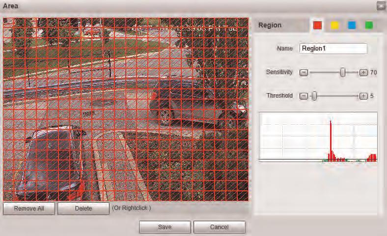 5 Setup 4. To configure the motion grid, click Setup next to Area. Click and drag inside the grid to create motion detection areas. Click on the different colors to set 4 different areas.