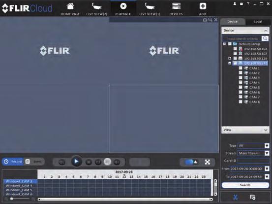 8 Using FLIR Cloud Client for PC or Mac To playback video: 1. Check the channels you would like to play back from in the Device List. 2.
