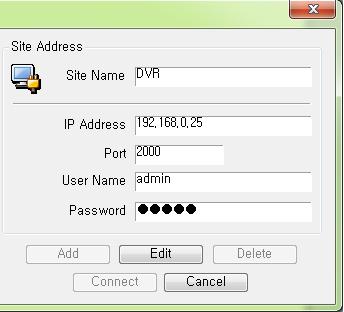 Item Site Name IP Address Port User Name Password Description Name of the DVR to be used in the program Network address of the security device Network port no.
