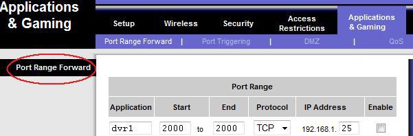 1) DMZ : Enable DMZ and input the DVR IP Address 192.168.0.25.