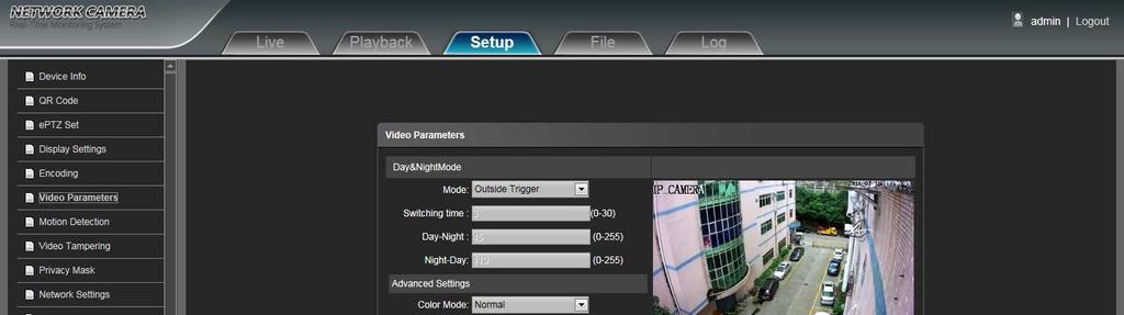 4.6 Video Parameters IP Camera Video Parameters setting interface as shown in the following figure: Day&Night Mode: Outside Trigger/ Auto/ Color/ Black White four kinds of mode selectable.