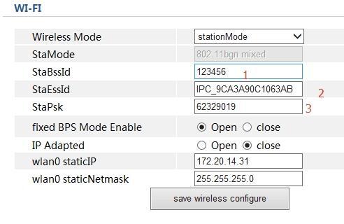 Station mode 1. StaBssId: mac address, no need change 2. StaEssId: input Wi-Fi account ID which you want to connect the camera 3.