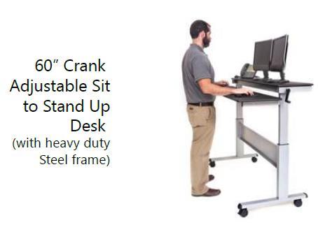 the ground. Mechanical Desks Crank Crank adjustable form 29 to 40.75 (lower surface) and 33.5 to 45.25 (upper surface). 59 wide work surface.