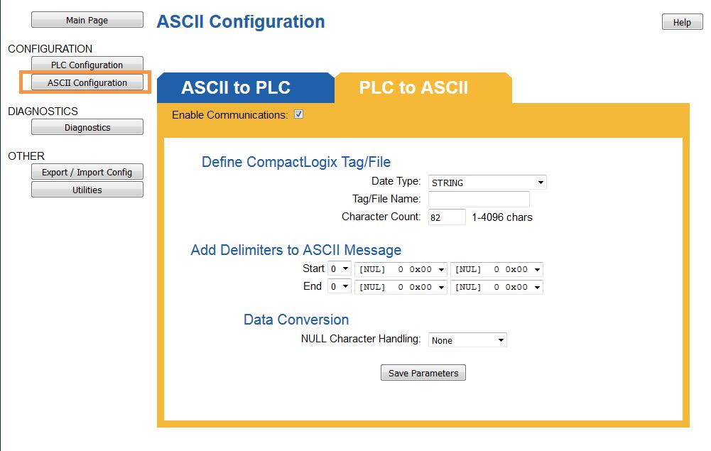 Setting up PLC to ASCII Communication Click the ASCII Configuration button under the CONFIGURATION section.
