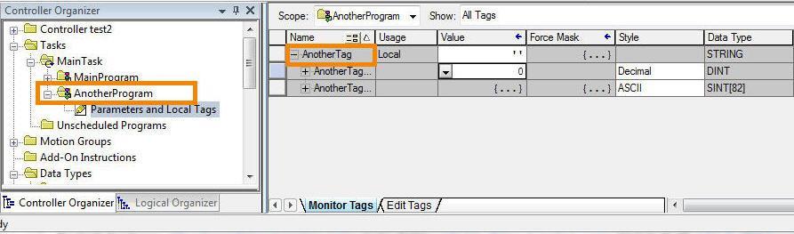 Appendix D: How to Access Program Scope Tags in RSLogix5000 There are two different types of tags in the PLC: Controller Scope tags and Program Scope tags.